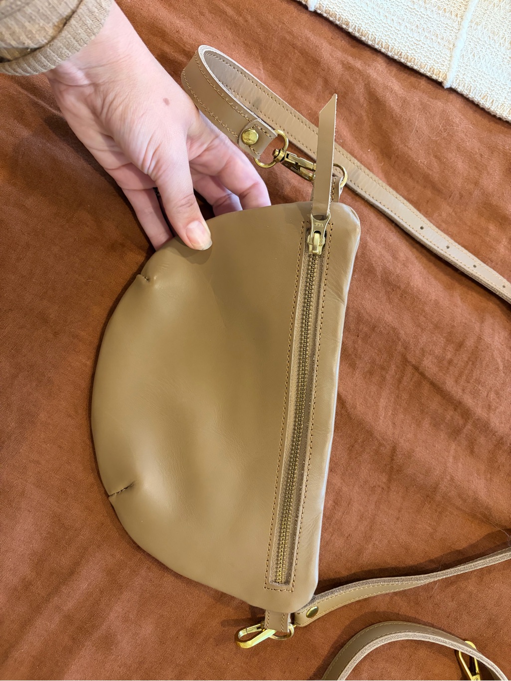 Tan Leather Crescent Crossbody Sling Bag With Gold Accents — image 2 of 6